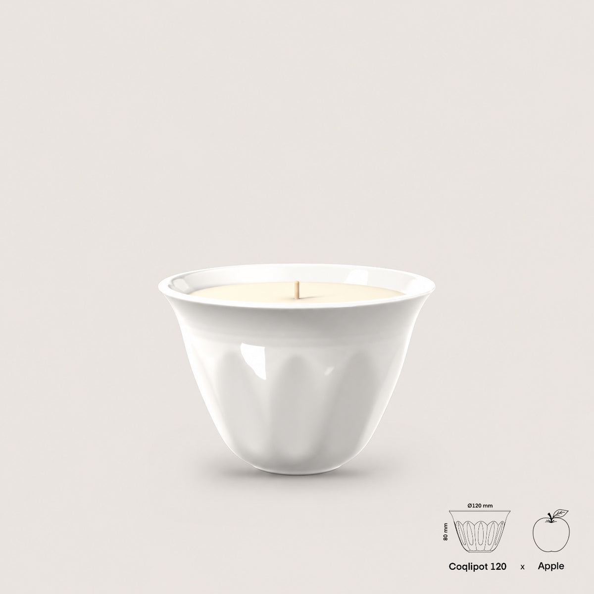 Coqlipot® 120 Cloud White Candle Edition — cement vessel in Blanc Neige, single-wick soy-blend wax candle, shown with apple for scale