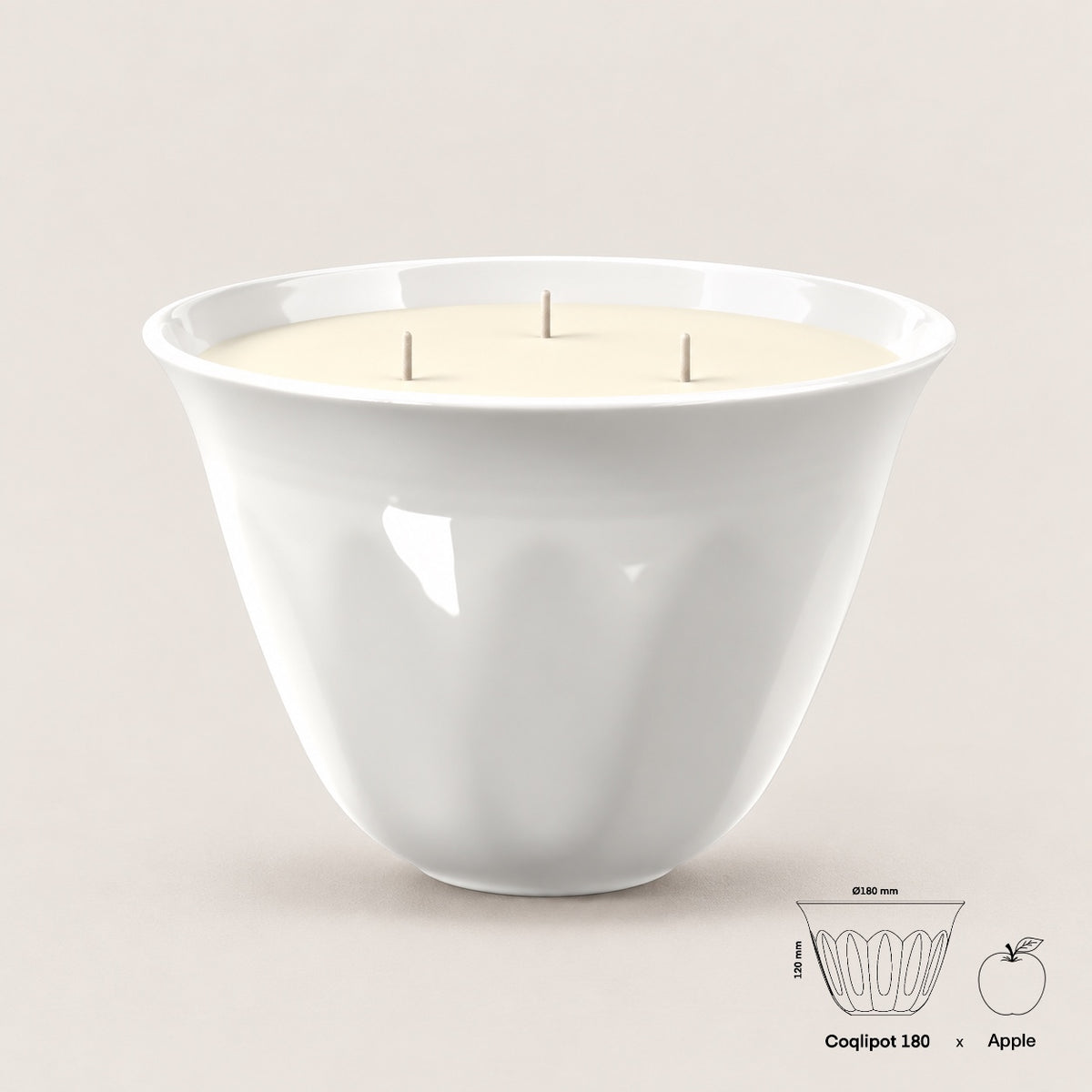 Coqlipot® 180 Cloud White Candle Edition — cement vessel in Blanc Neige, three-wick soy-blend wax candle, shown with apple for scale