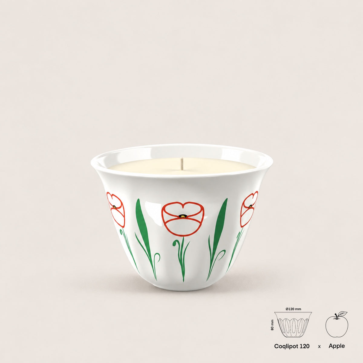 Coqlipot® 120 Poppy Candle Edition, Red Outline — cement vessel with outlined red poppy and green leaf decals, single-wick soy-blend wax candle, shown with apple for scale