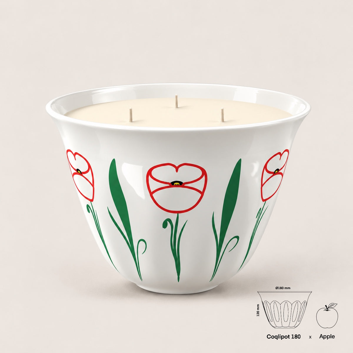 Coqlipot® 180 Poppy Candle Edition, Red Outline — cement vessel with outlined red poppy and green leaf decals, three-wick soy-blend wax candle, shown with apple for scale